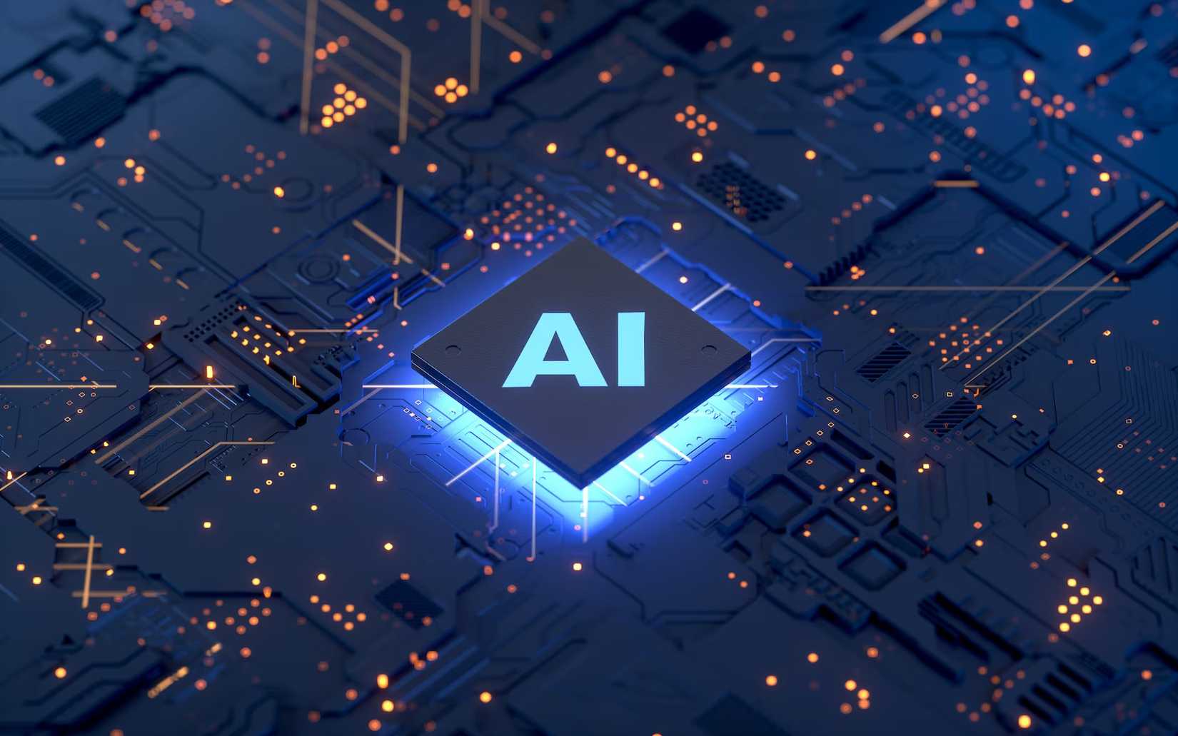 AI on a computer chip surrounded by a circuit board.