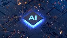 AI on a computer chip surrounded by a circuit board.