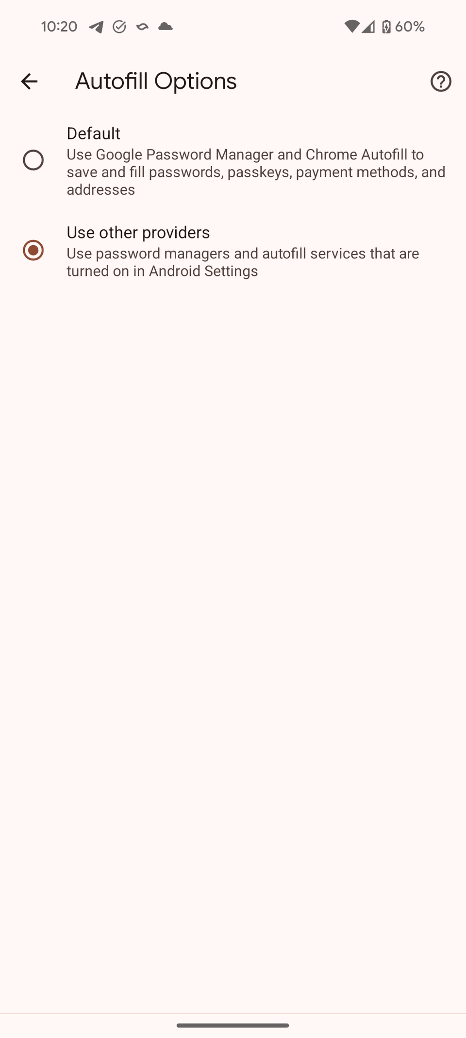 google chrome autofill options with default and use other providers