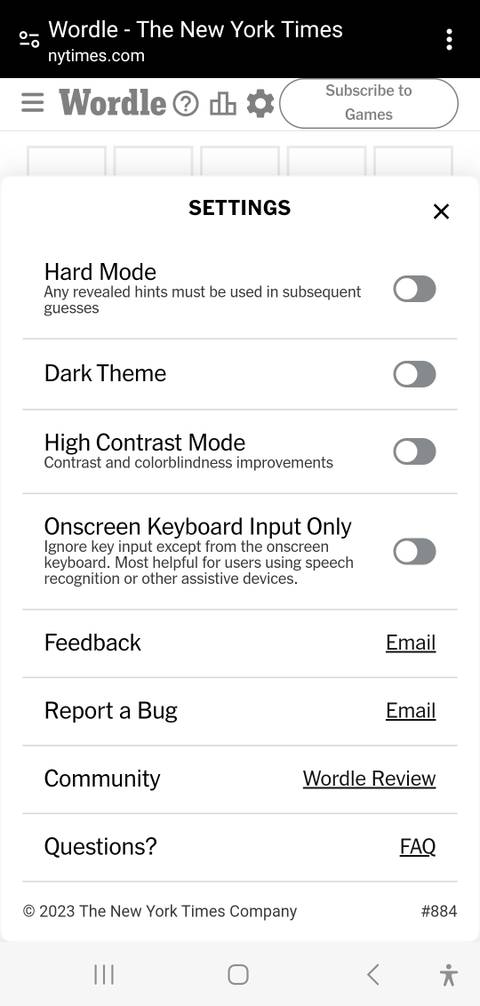 a window containing Wordle settings with options to toggle