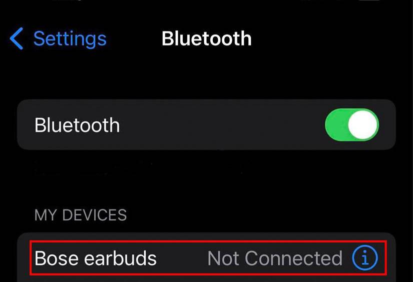 iPhone Bluetooth settings showing Bose Sport Earbuds in device list