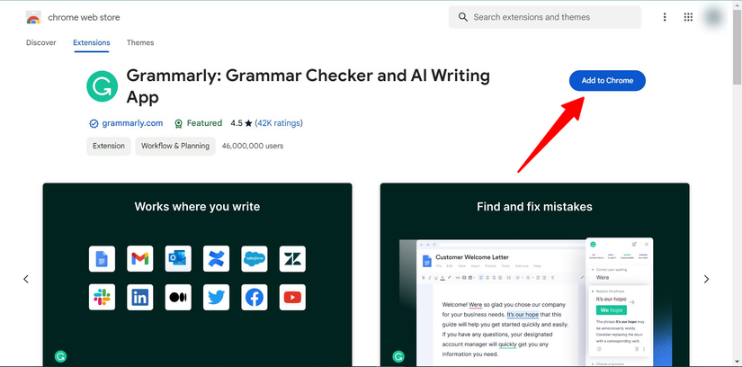 The Grammarly: Grammar Checker and Writing App page in the Chrome Web Store