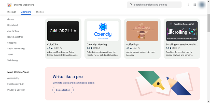 The Chrome Web Store homepage