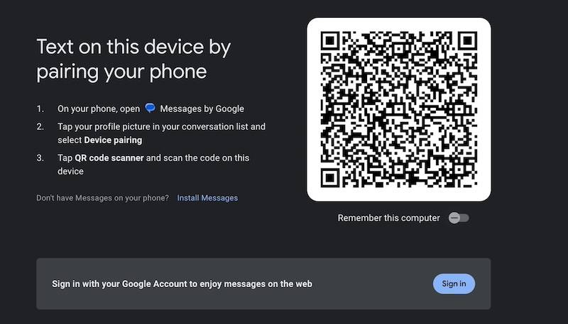 Screenshot of device pairing instructions and QR code for Google Messages web