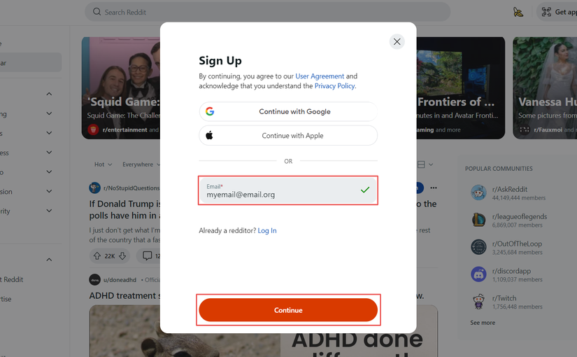 The Reddit Sign Up prompt on a desktop browser