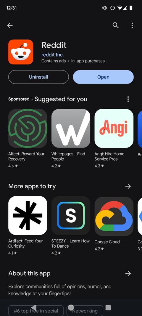 The official Reddit app on the Google Play Store