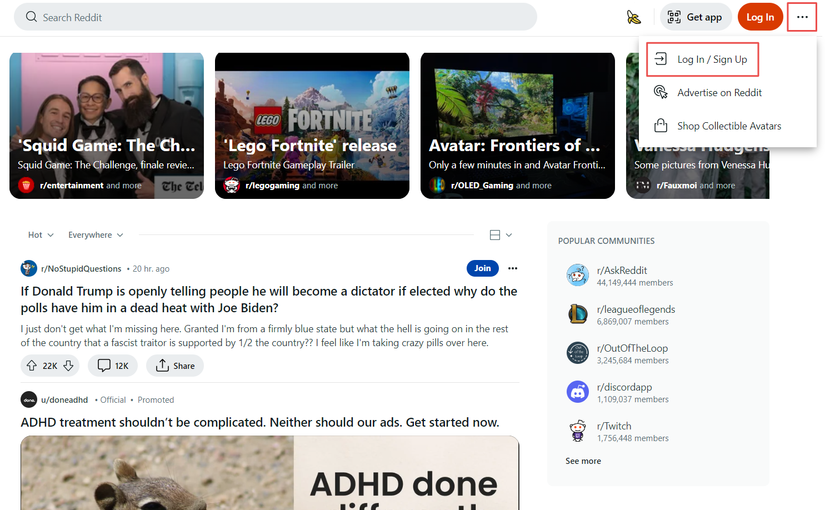The three-dot menu and login/signup options highlighted on the Reddit home page