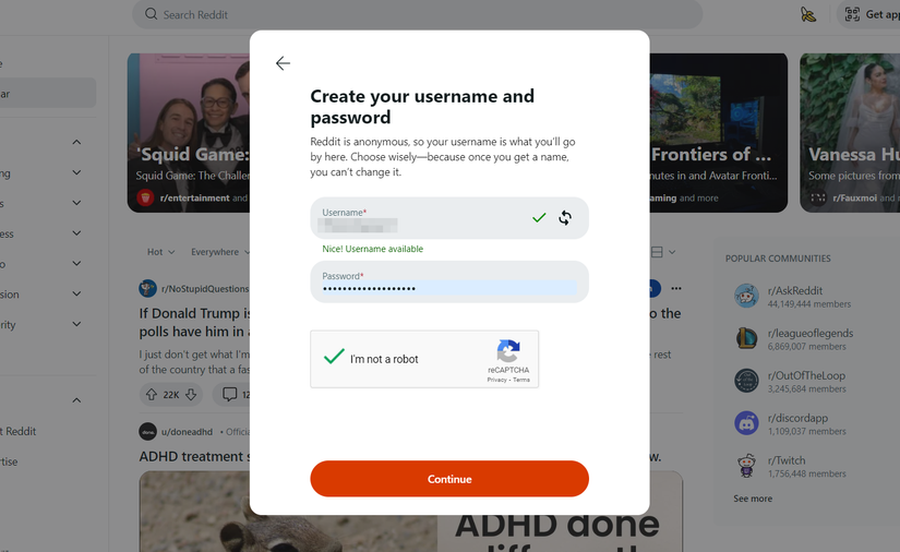 Creating a Reddit username and password for a new profile