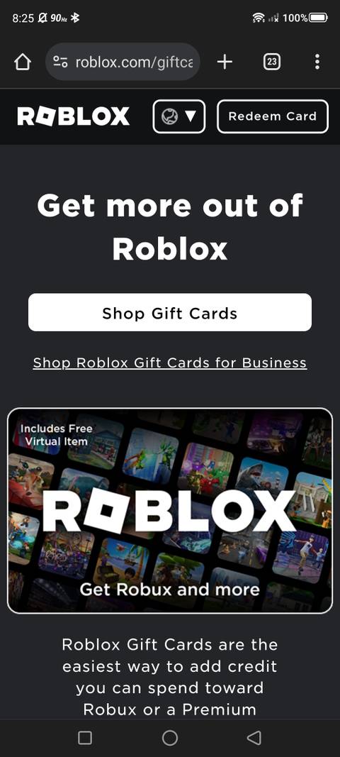 Roblox gift card page with redeem card option and shop for gift cards button