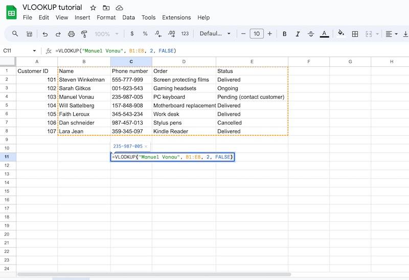 Digitando a chave de pesquisa citada na fórmula VLOOKUP no Planilhas Google