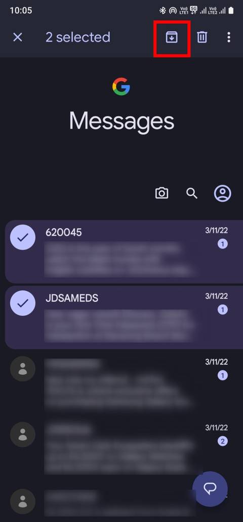Screenshot showing the Google Messages app's Archive message option