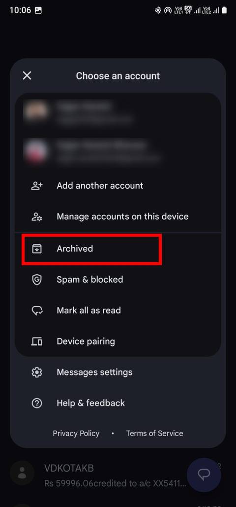 Screenshot showing Google Messages Archived option