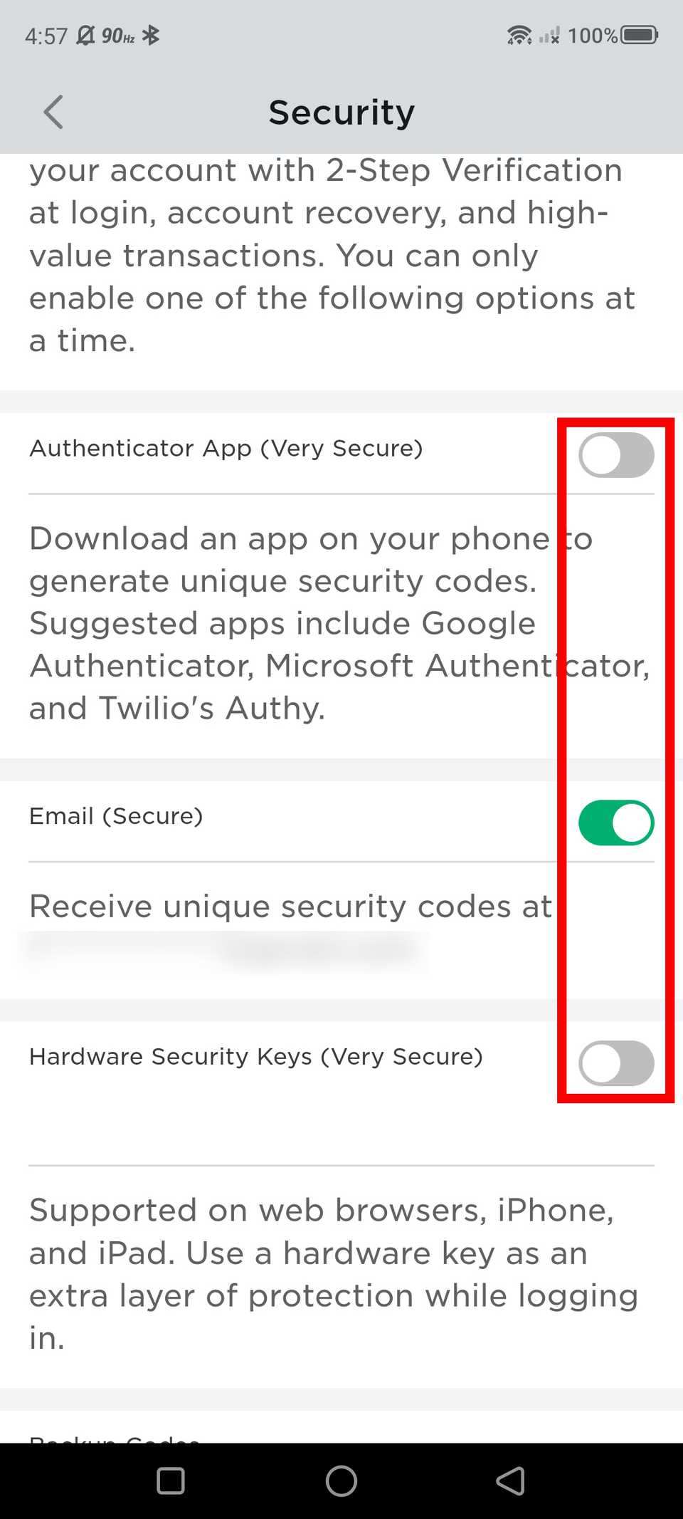 red rectangle outline over security toggle options