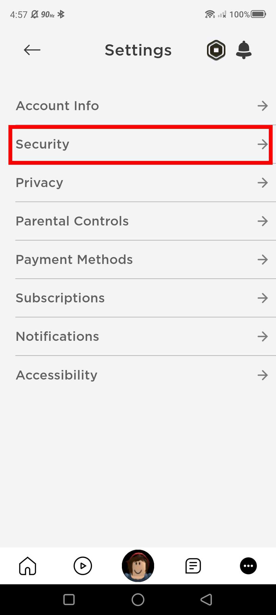 red rectangle outline over security in roblox settings