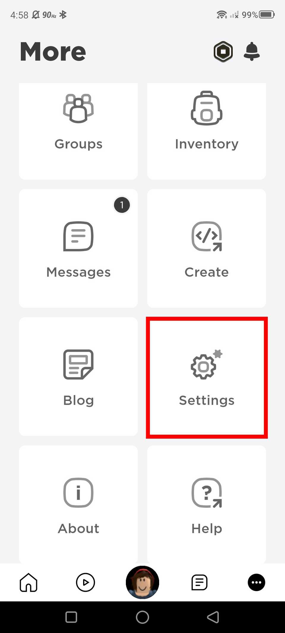 red rectangle outline over settings in roblox app menu