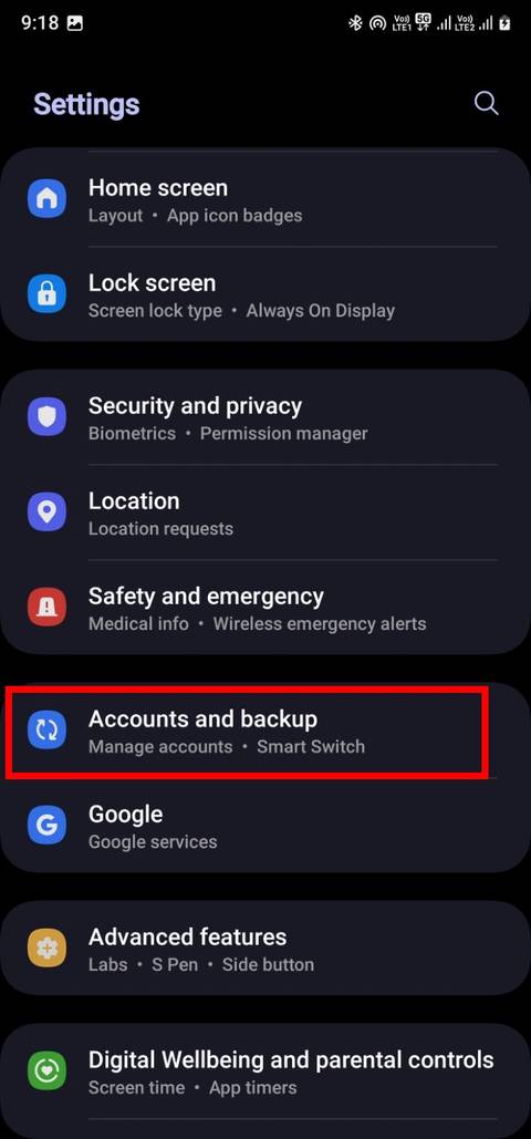 Screenshot showing the Accounts and backup option on a Samsung Galaxy S22 Ultra smartphone