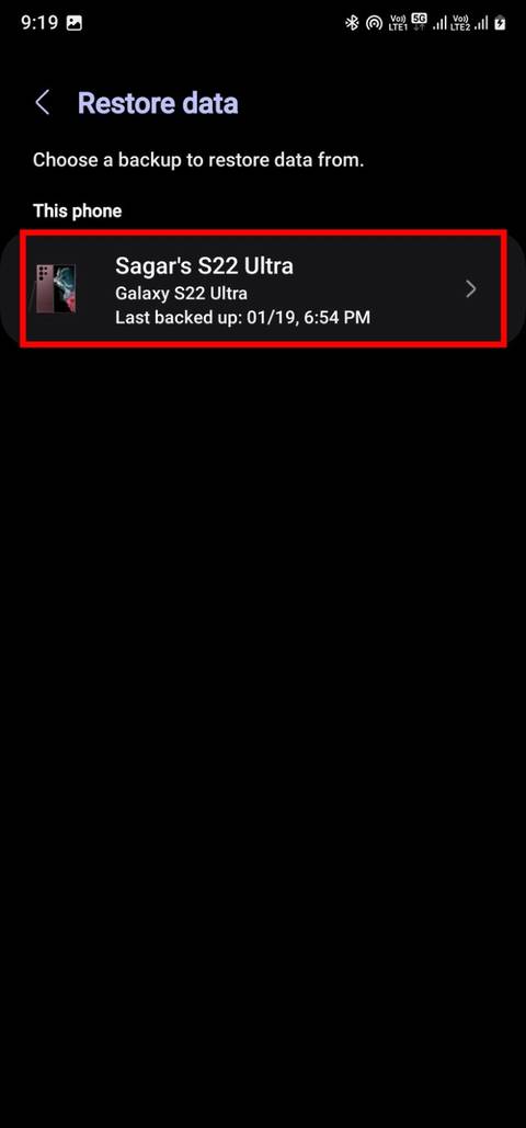Screenshot showing the option to select the device on which you would like to restore messages