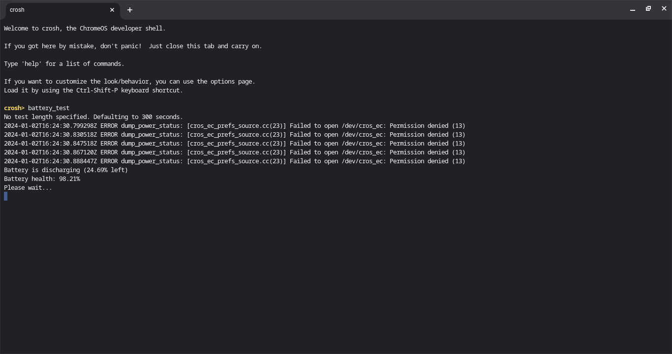 screenshot of the crosh interface running the battery_test command