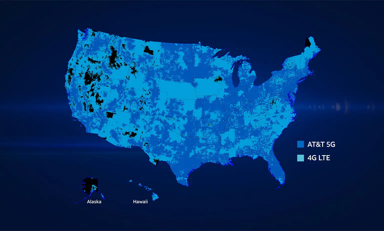 A coverage map of the United States showing AT&T 5G in light blue and 4G LTE in dark blue, with Alaska and Hawaii insets.