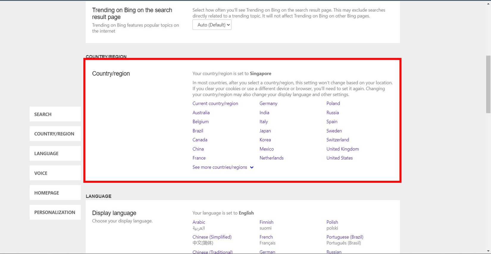 How to turn off Google SafeSearch and other search filters 12 Bing's settings page showing the Country/Region section with various countries listed and Singapore selected.
