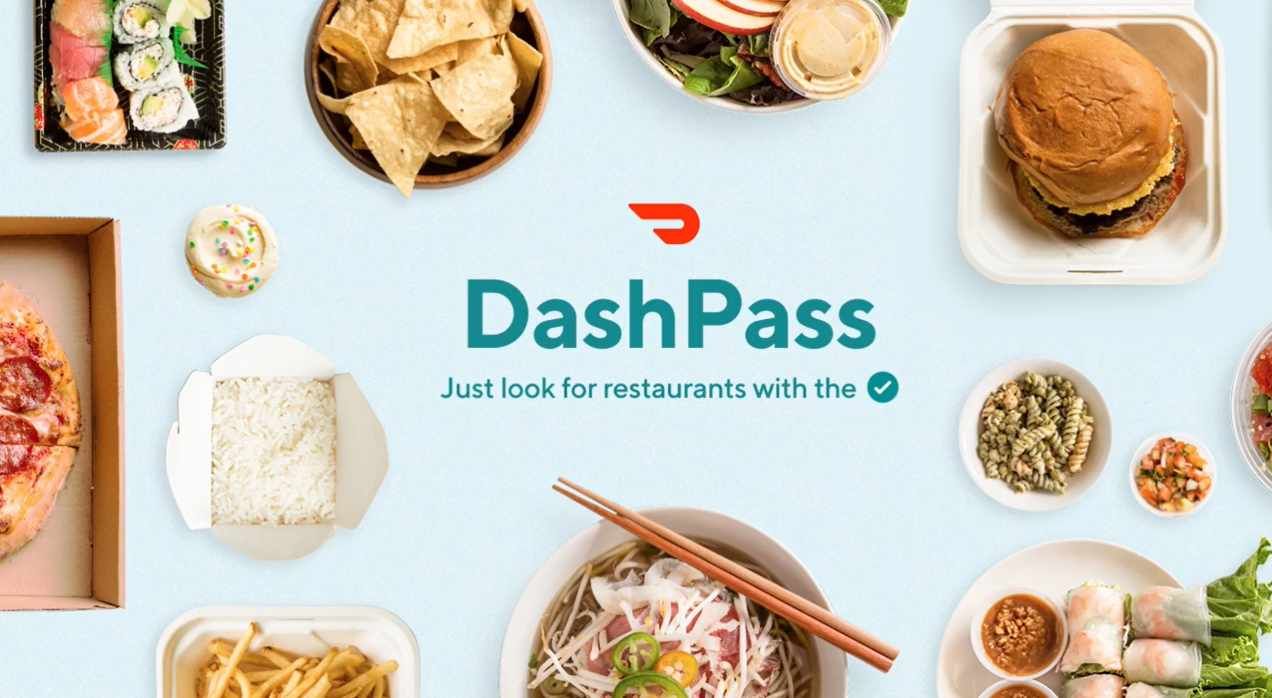 The DashPass logo surrounded by different types of foods