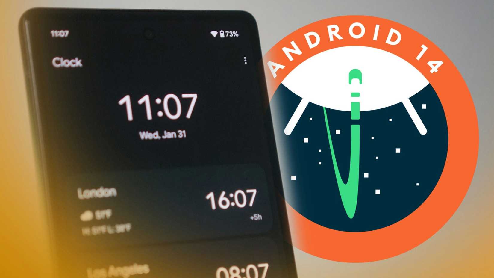 Image showing Clock app on a phone whole intersecting Android 14 logo