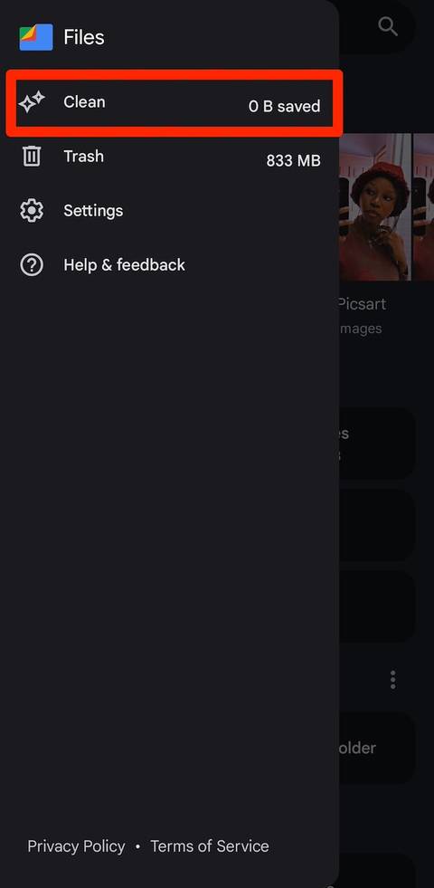 Red rectangle outline highlighting Clean in the Menu options on Files by Google app