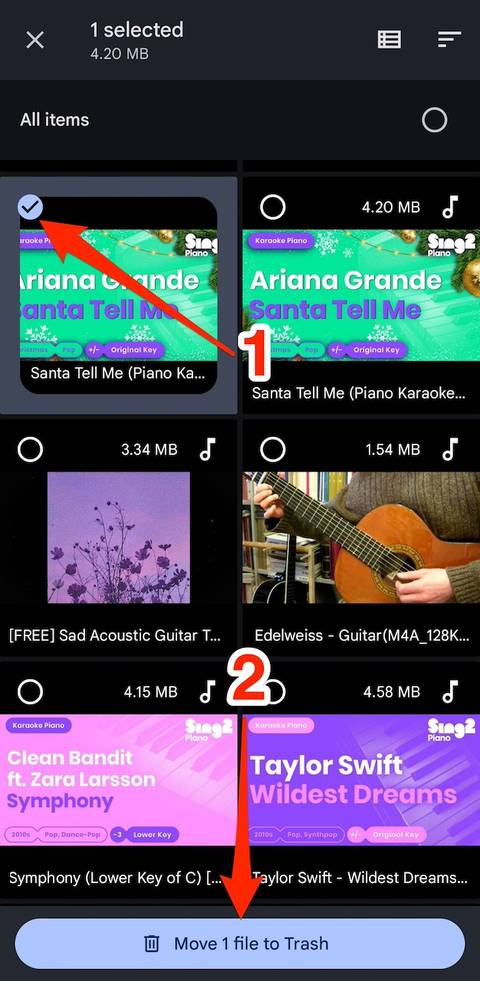 Two numbers with arrows pointing to select duplicate photos for deletion and move file to Trash button in Files by Google app