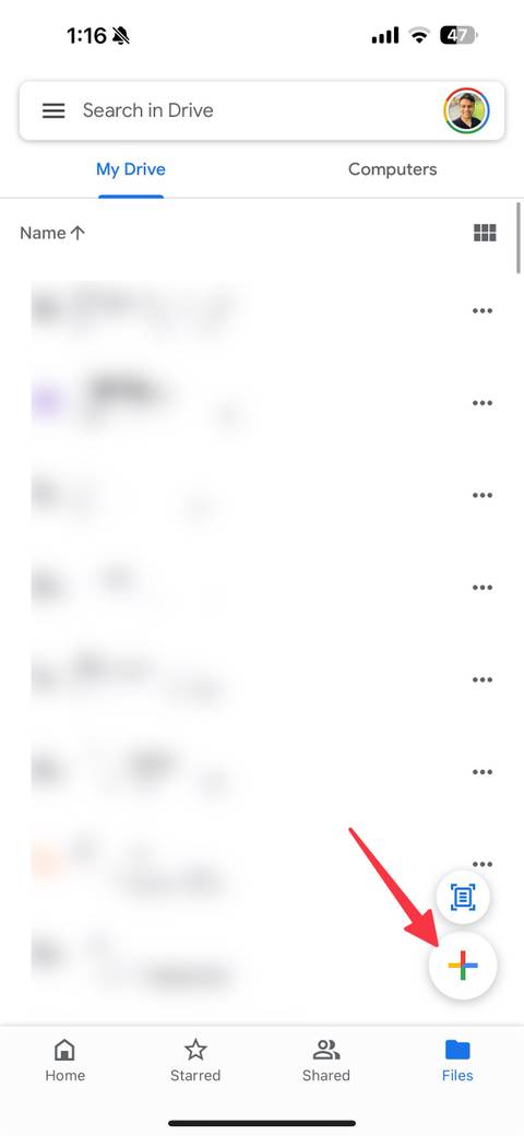 click + on Google Drive for iPhone