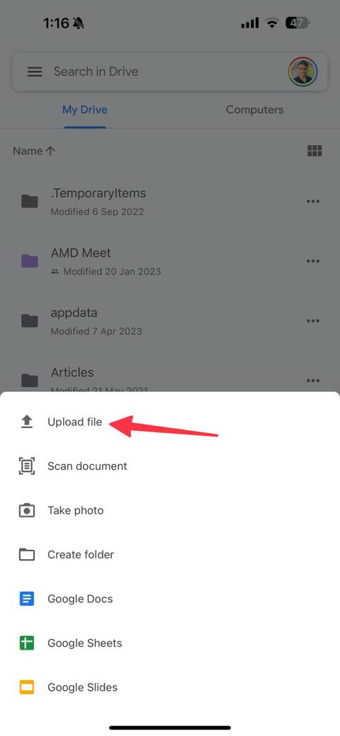 upload file on Drive for iPhone