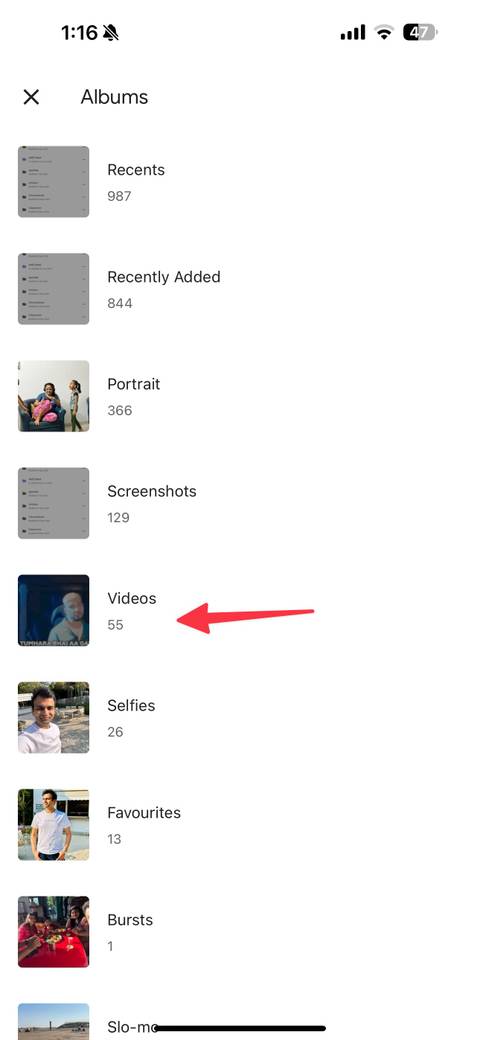 select videos folder on iPhone
