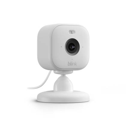 A white Blink security camera against a white background