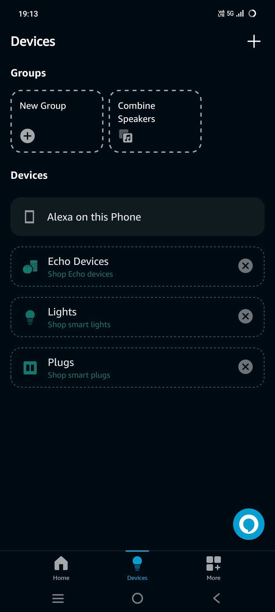 Screenshot showing the devices tab in Amazon Alexa app