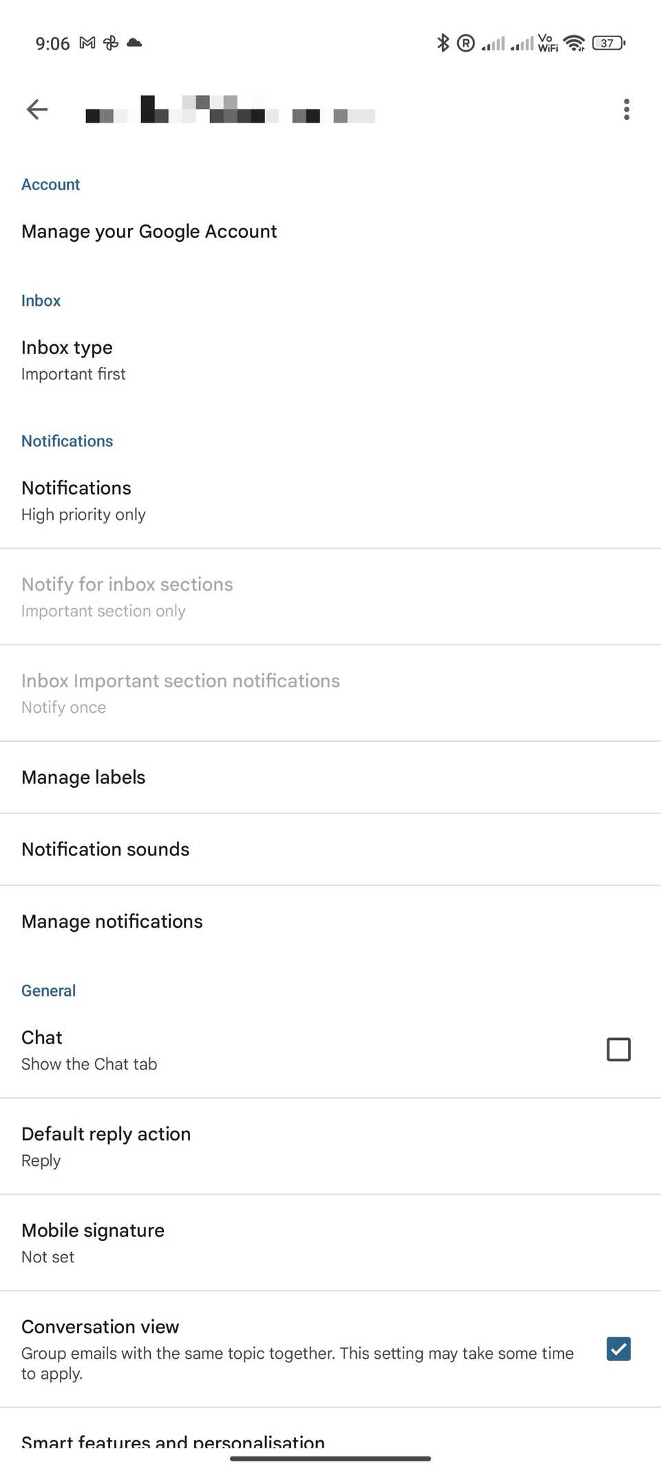 Impostazioni dell'account Gmail per Android che mostrano la sezione delle notifiche