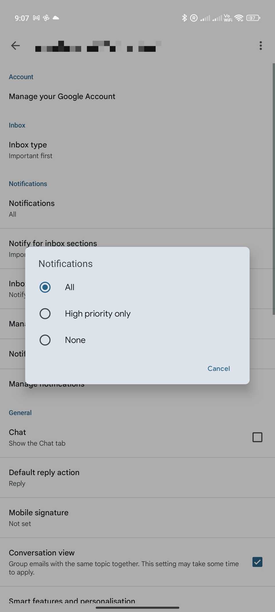 Gmail per Android - Modifica delle impostazioni di notifica