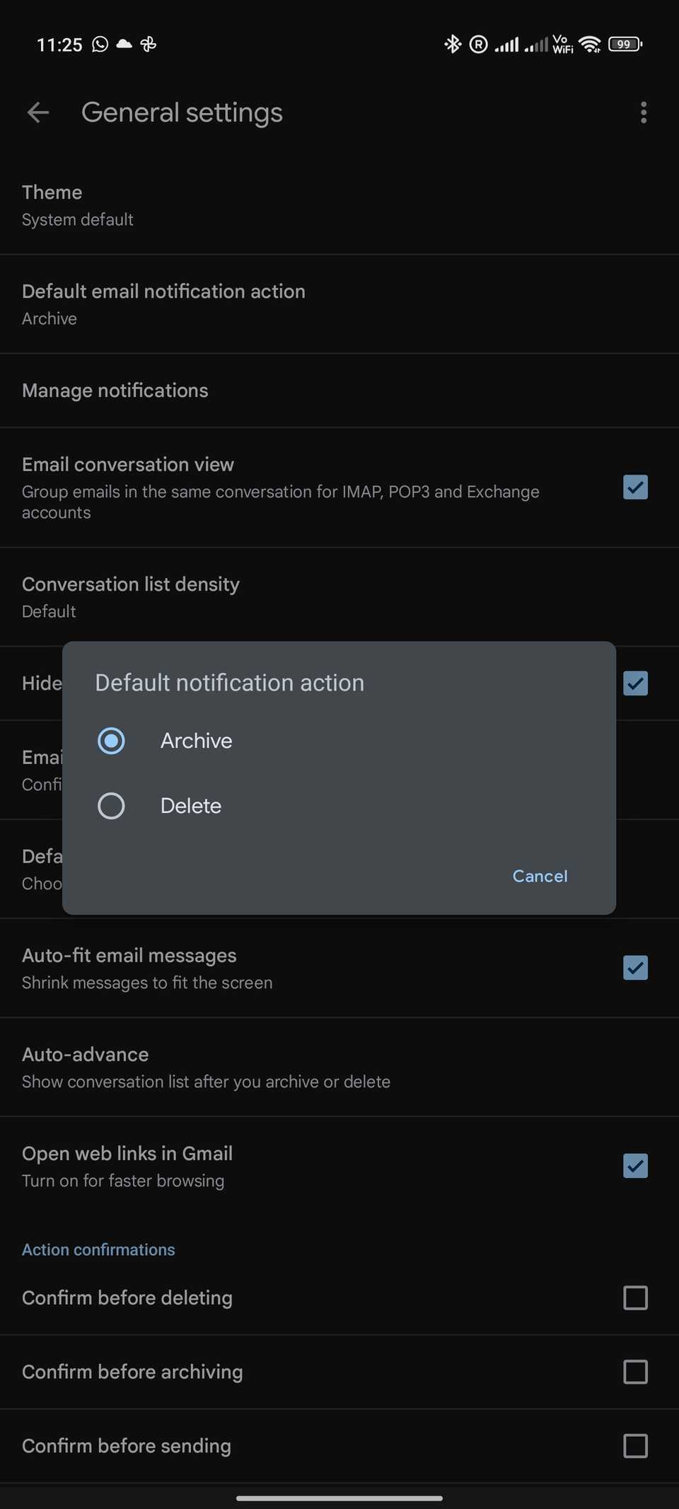Azione di impostazione delle notifiche predefinita di Gmail