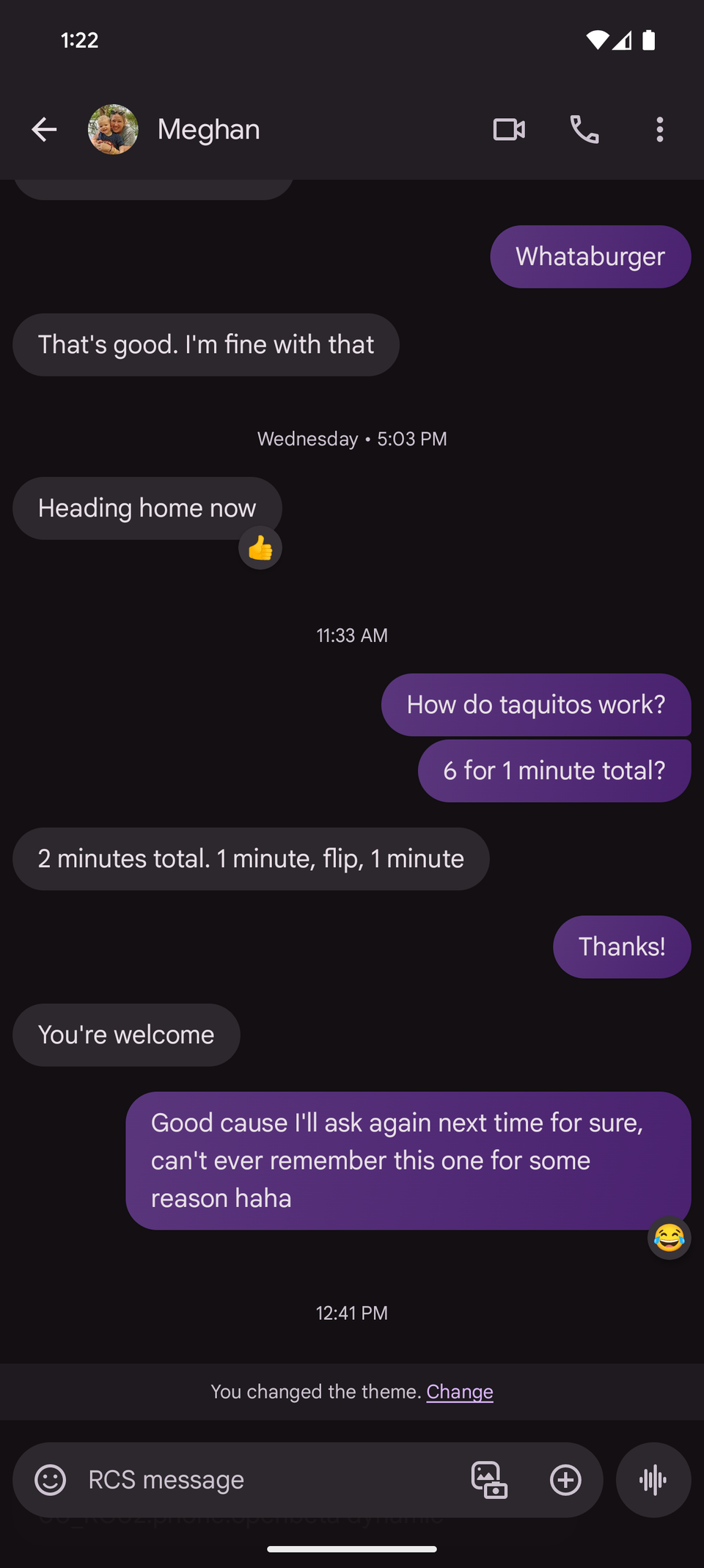Screenshot of a Google Message thread with the purple color option applied in dark mode
