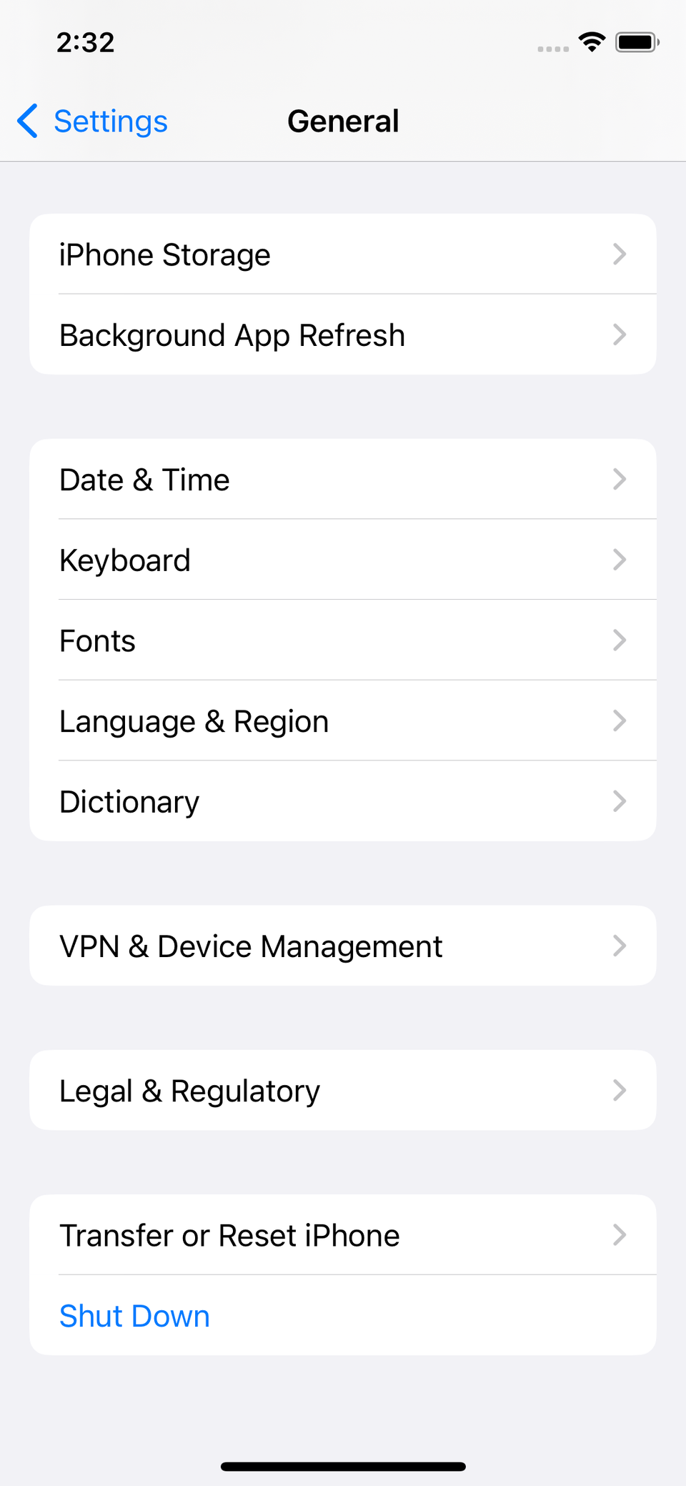 Select Shut Down to switch off your phone in the General menu