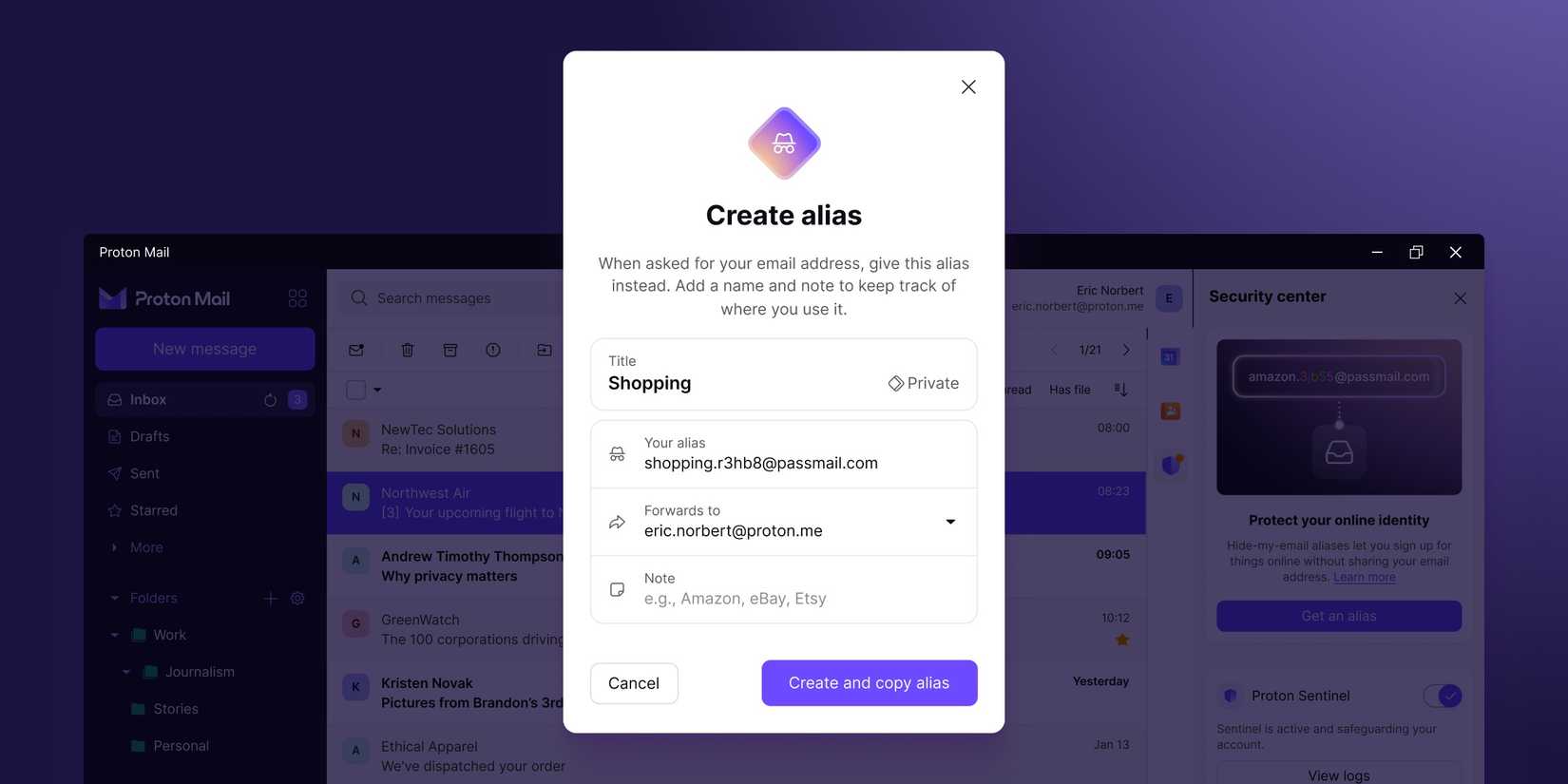 Uma captura de tela estilizada mostrando o processo de criação de um alias com diferentes campos para títulos, nomes de alias, para onde encaminhar e quais notas você deseja adicionar