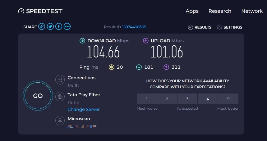 Screenshot of Speedtest showing the upload and download speeds