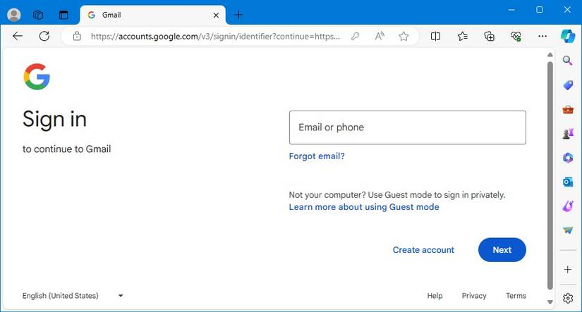 A tela de login do Google exibida no navegador Microsoft Edge