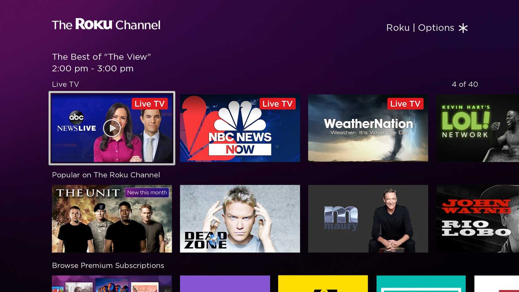 the roku channel preview showing three categories and channel icons in a grid
