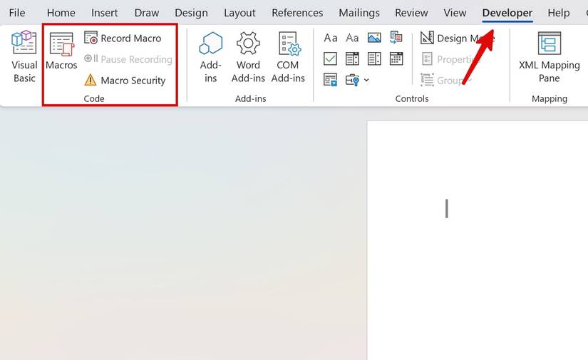 Find macro settings in Developer menu