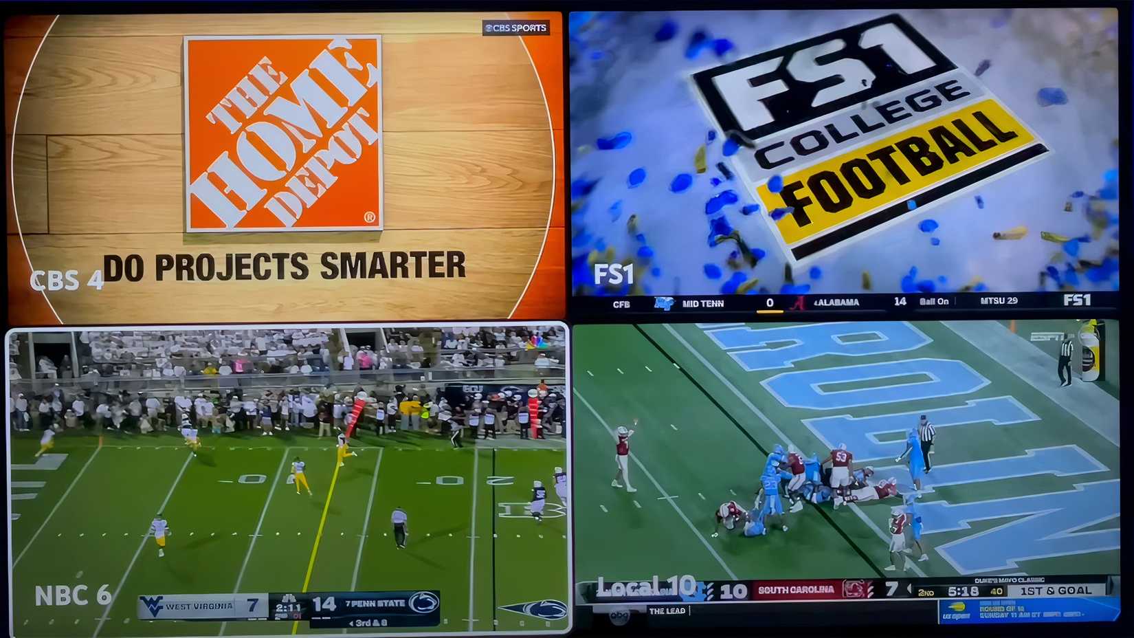 A TV screen displaying four sports broadcasts simultaneously.  the bottom left view has white borders, indicating it is the view with audio.