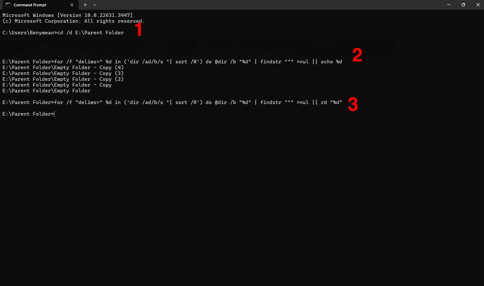 Windows Command Shell Empty Windows: How to find and delete empty folders