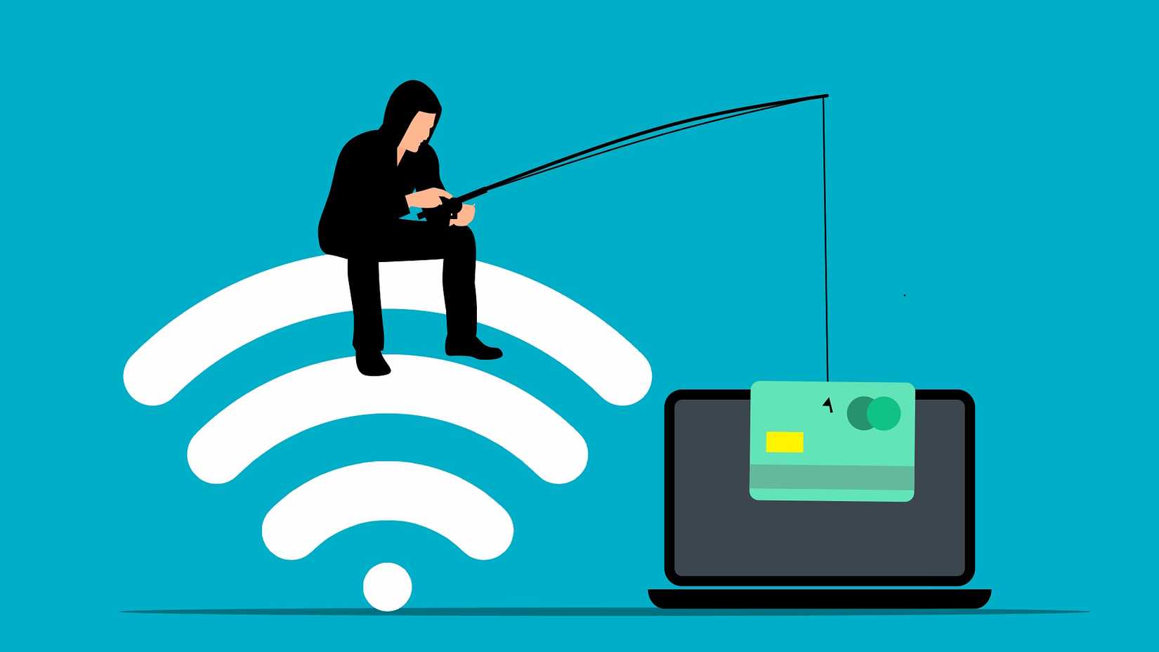 A man sitting on Wi-Fi icon with a fishing rod, reeling in a credit card from a computer