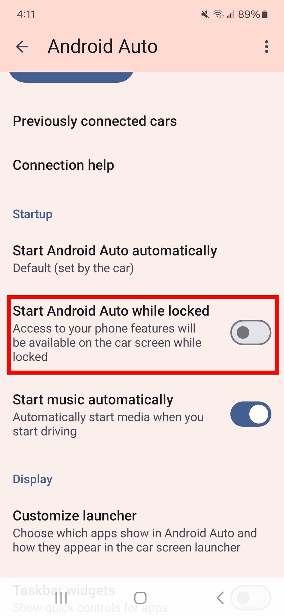 مخطط مستطيل أحمر فوق بدء تشغيل android auto أثناء التبديل المقفل في تطبيق android auto