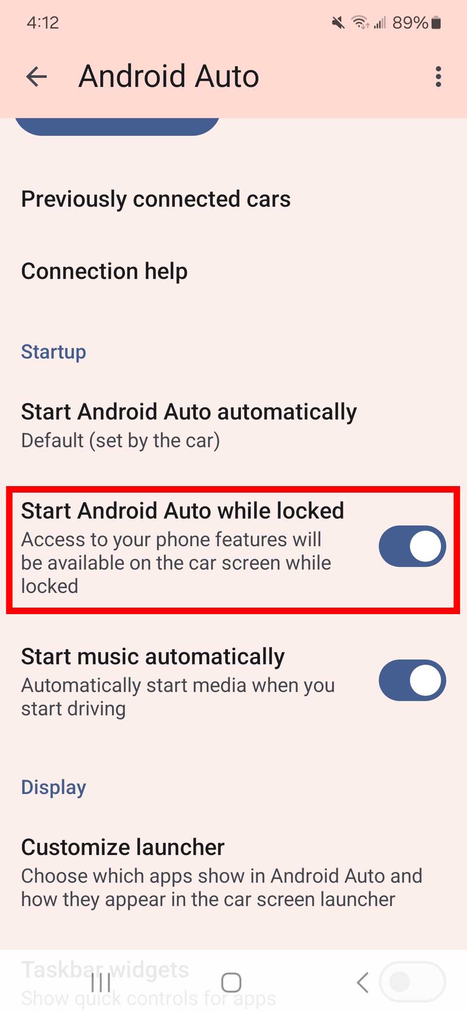 مستطيل أحمر فوق android auto أثناء القفل مع التبديل