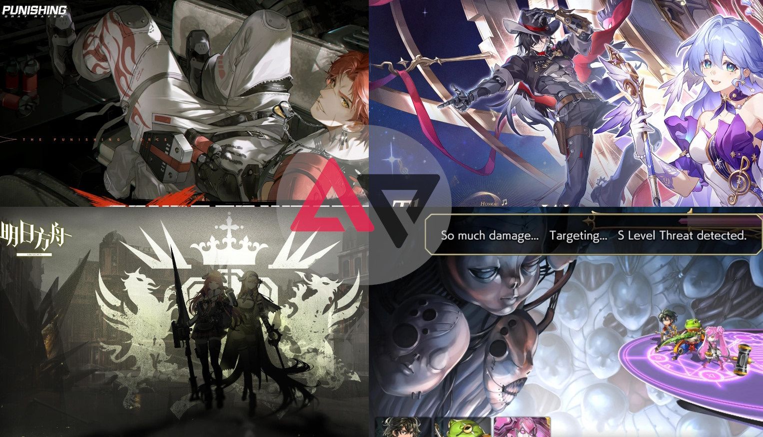 four gacha games promotional art with AP logo in the middle