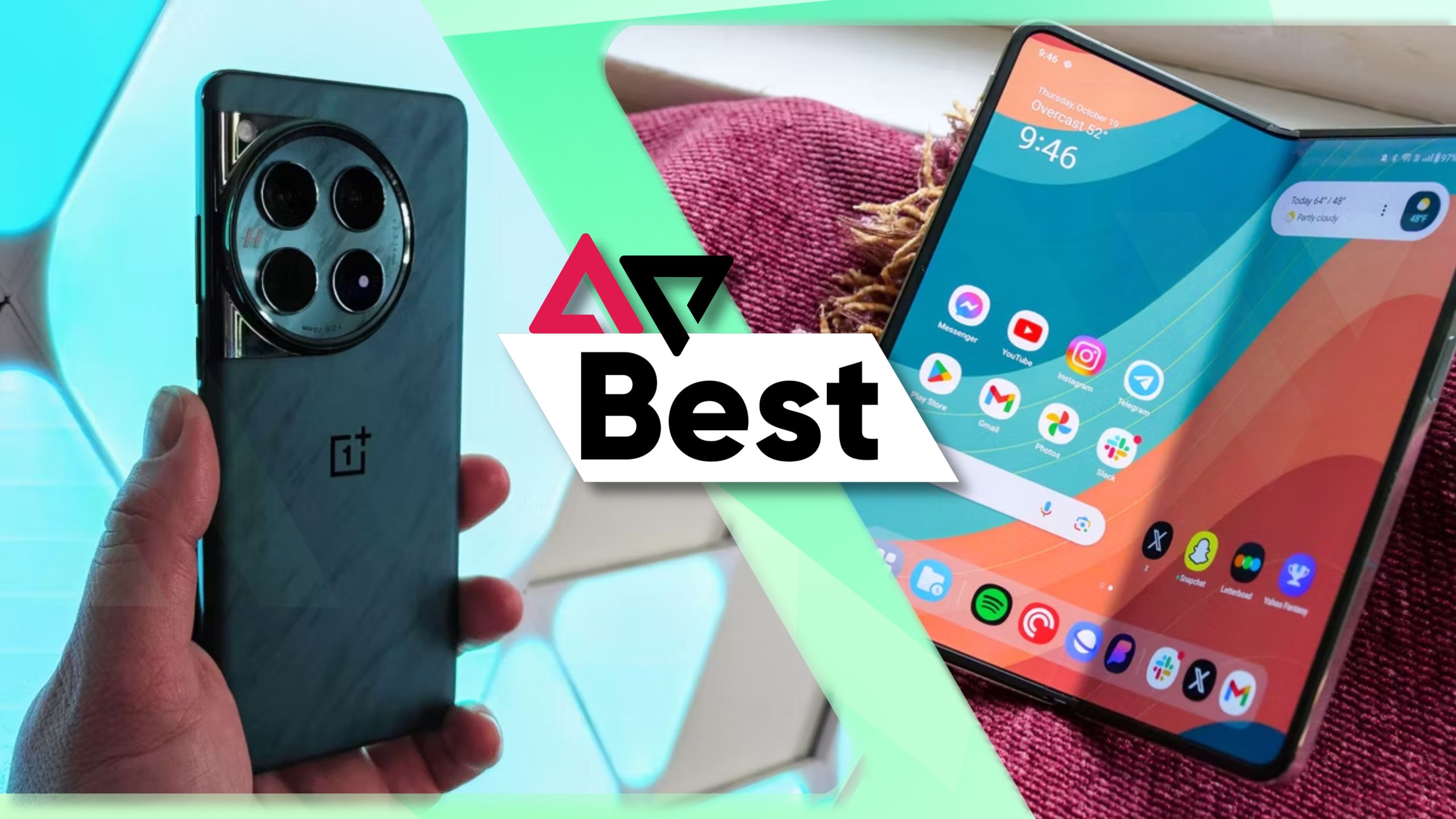 OnePlus 12 à esquerda e OnePlus Open à direita com o logotipo AndroidPolice e 